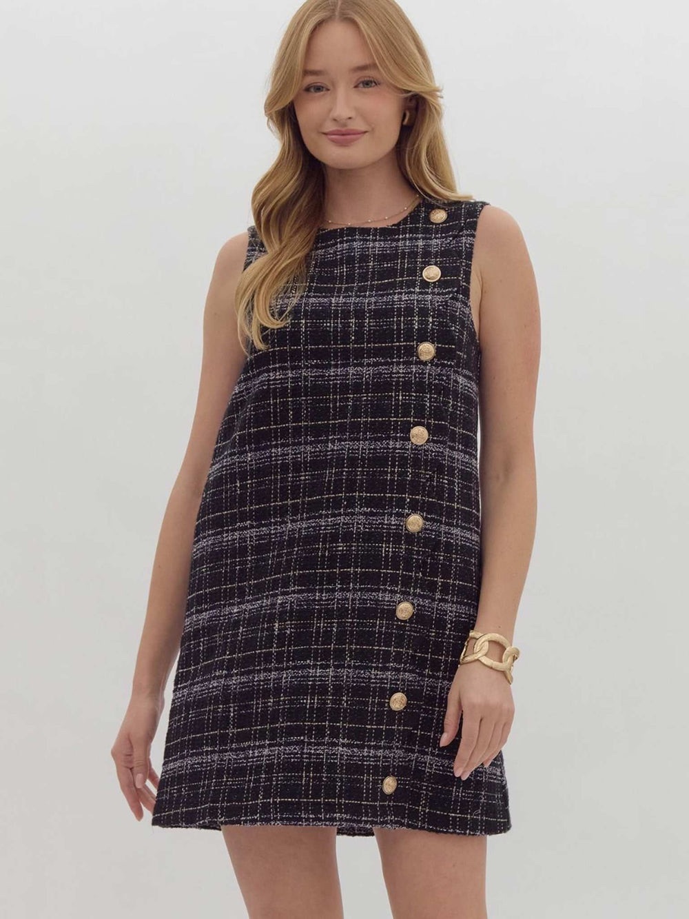 Entro Tweed Plaid Mini Shift Dress Gold Buttons Sleeveless Black Women’s L